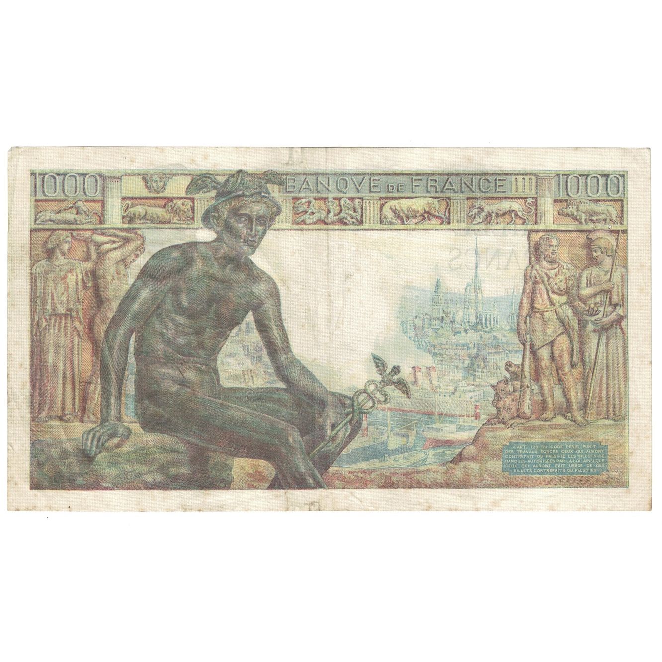 France, 1000 Francs, Déesse Déméter, 1943, U.426, EF(40-45), Fayette:40.19