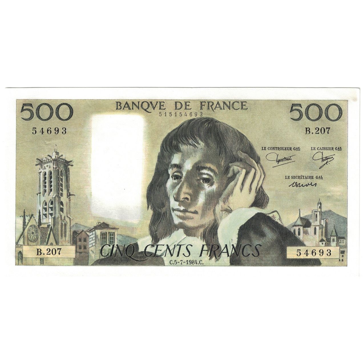 France, 500 Francs, Pascal, 1984, B.207, UNC(60-62), Fayette:71.31, KM:156d