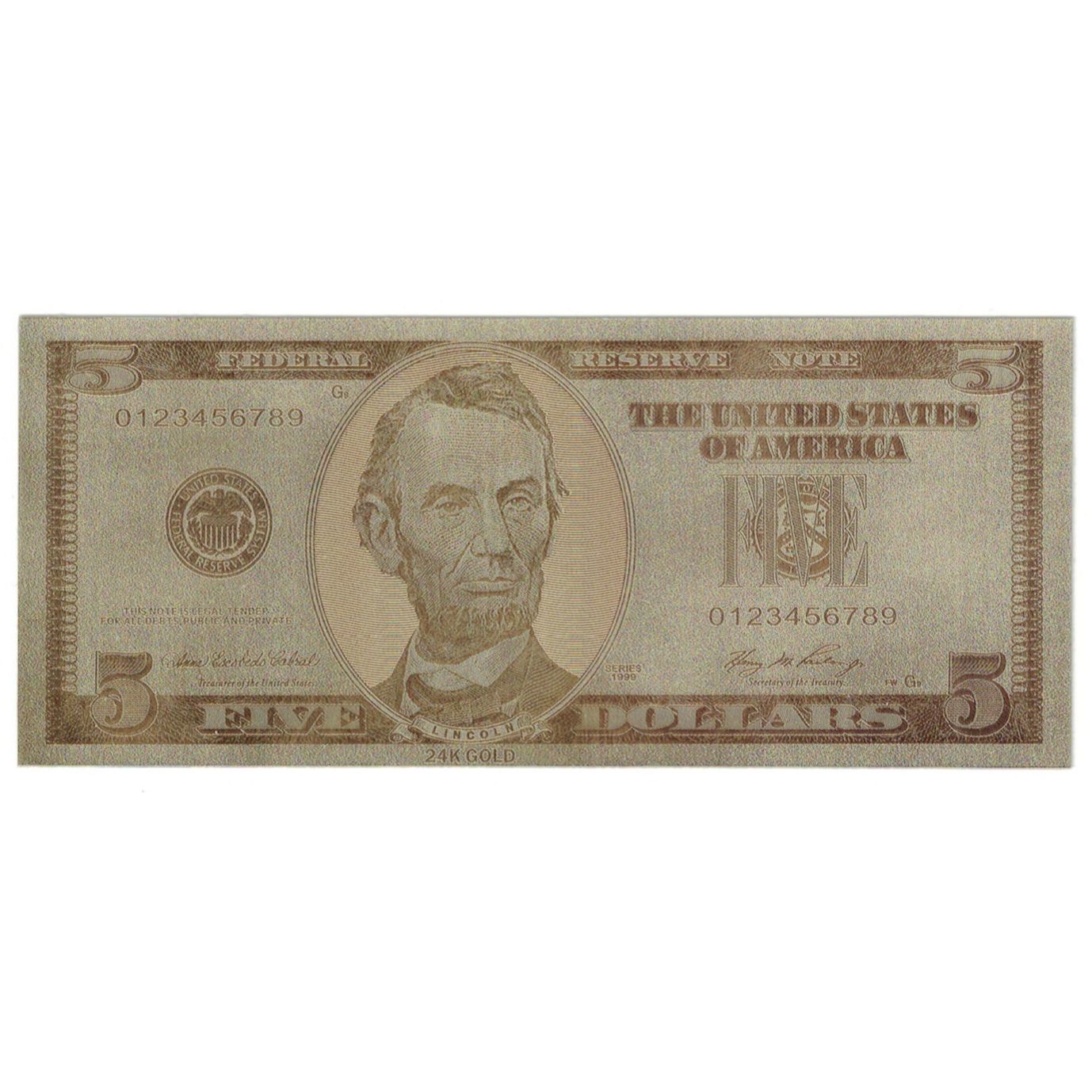 Banconote, Stati Uniti, Five Dollars, 1999, Factice collectible 24K plastic