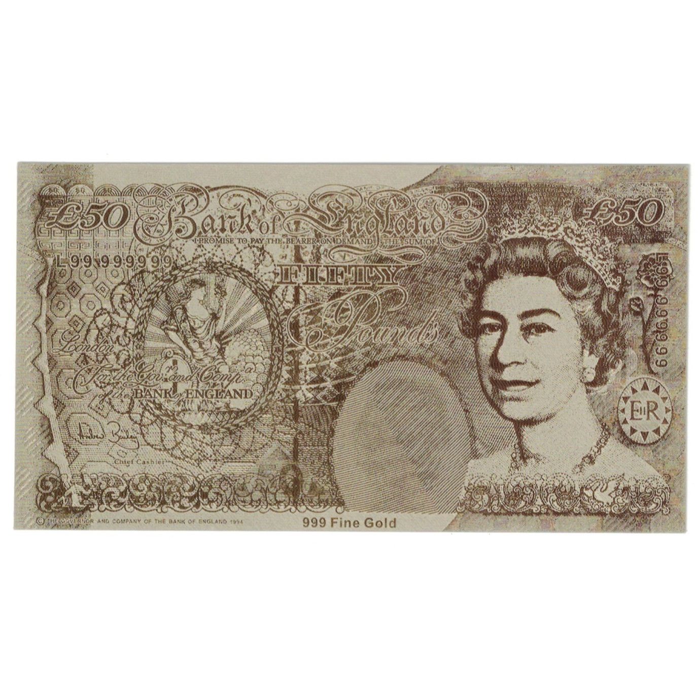 Banconote, Gran Bretagna, 50 Pounds, 1994, Factice collectible 24K plastic