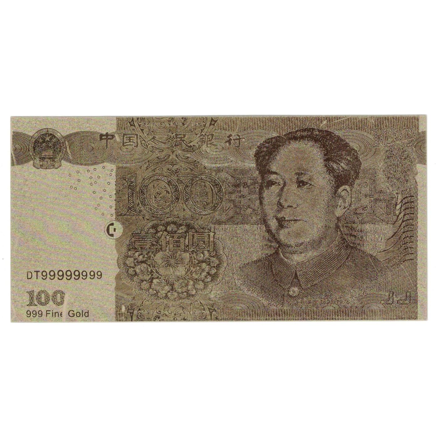 Banknote, China, 100 Yüan, 1999, Factice collectible 24K plastic Banknote