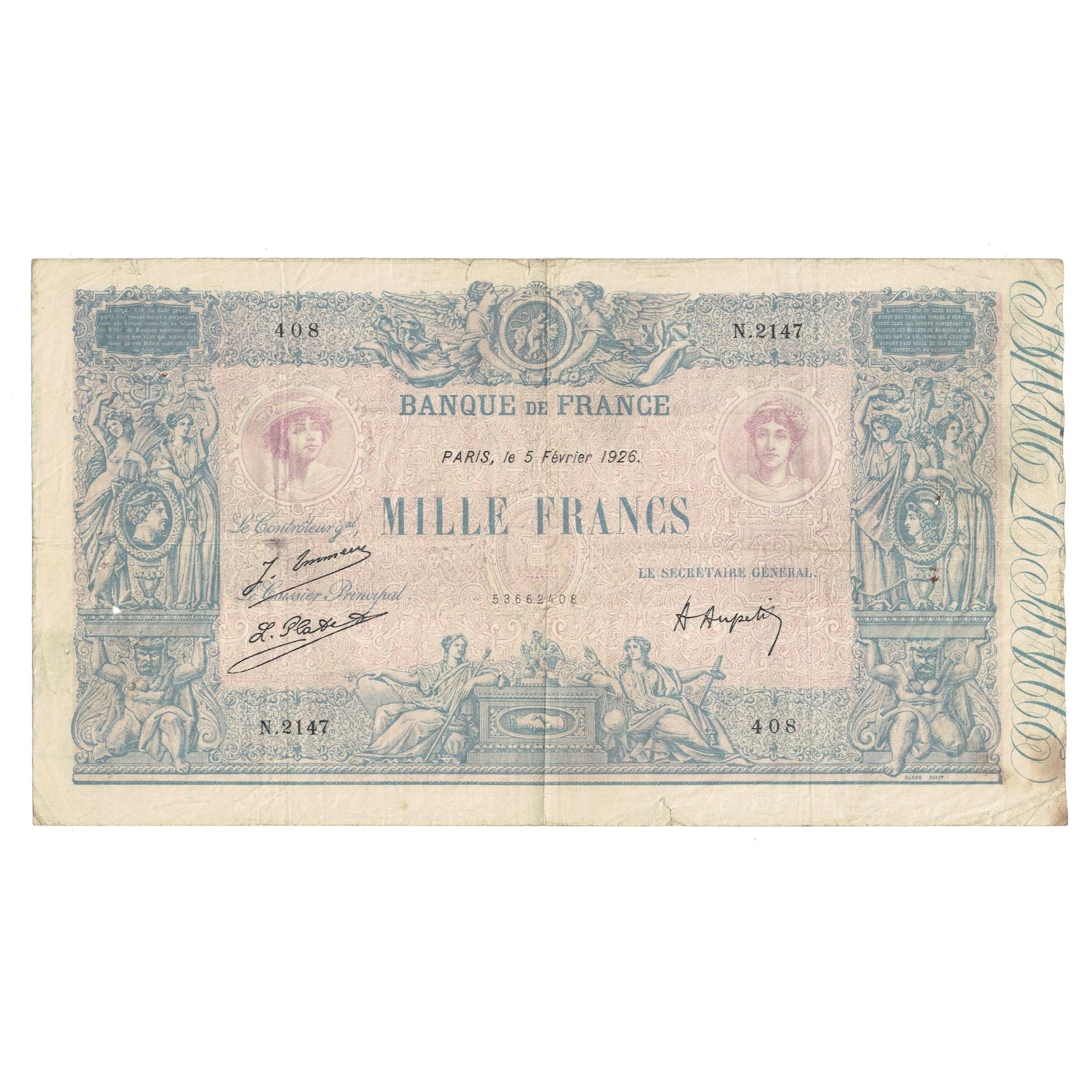 Frankrijk, 1000 Francs, Bleu et Rose, 1926, N.214, TB, Fayette:36.42, KM:67j