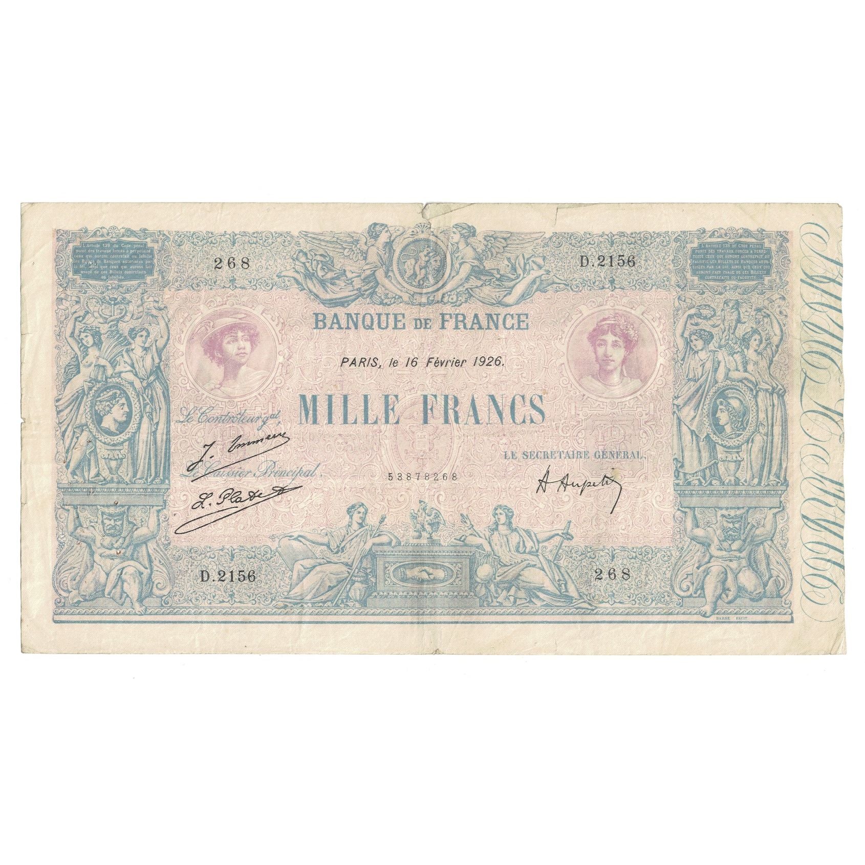 Francia, 1000 Francs, Bleu et Rose, 1926, D.215, MB, Fayette:36.42, KM:67j