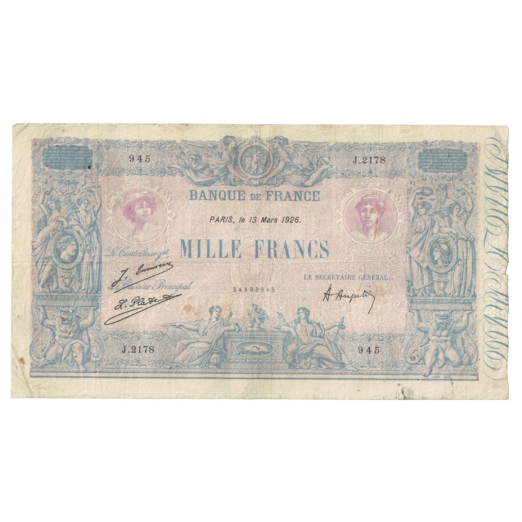 Frankreich, 1000 Francs, Bleu et Rose, 1926, J.217, S, Fayette:36.42, KM:67j