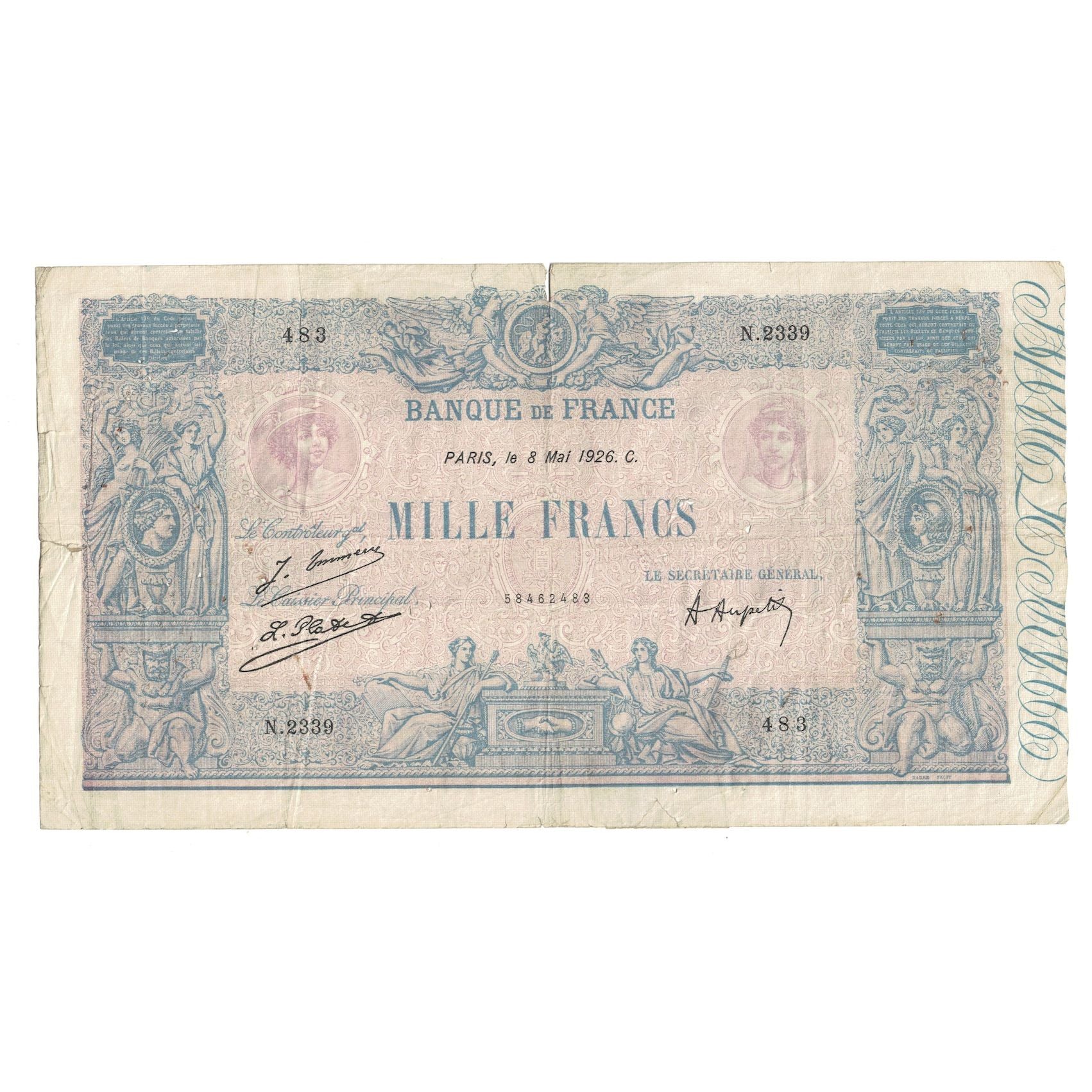 França, 1000 Francs, Bleu et Rose, 1926, N.233, VG(8-10), Fayette:36.42, KM:67j