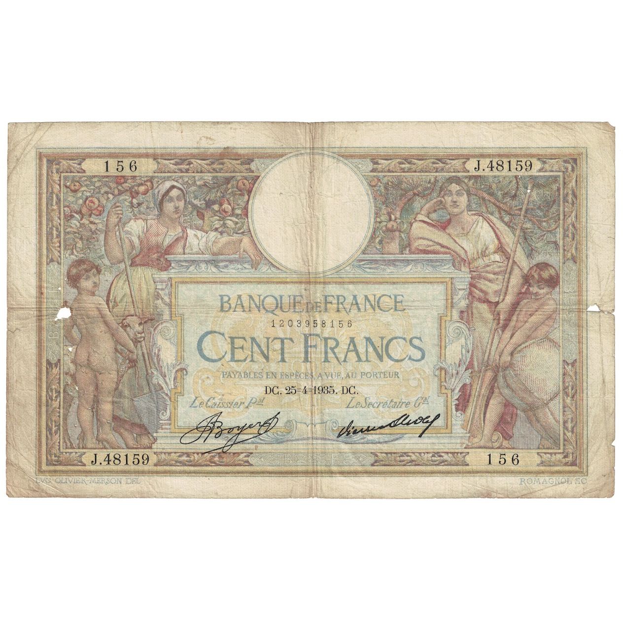 França, 100 Francs, Luc Olivier Merson, 1935, J.481, VG(8-10), Fayette:24.14