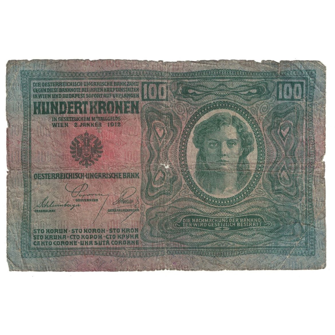 Biljet, Oostenrijk, 100 Kronen, 1912, 1912-01-02, KM:55a, B+