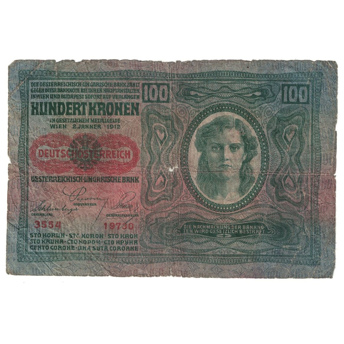 Biljet, Oostenrijk, 100 Kronen, 1912, 1912-01-02, KM:55a, B+