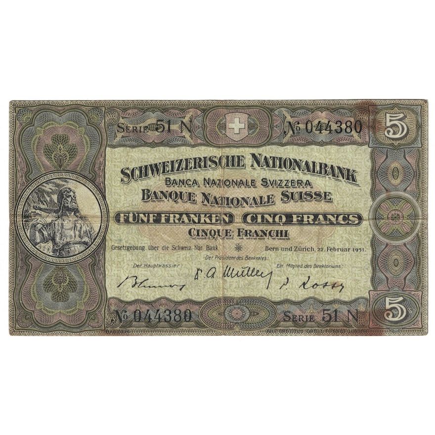 Banconote, Svizzera, 5 Franken, 1951, 1951-02-22, KM:11o, MB+