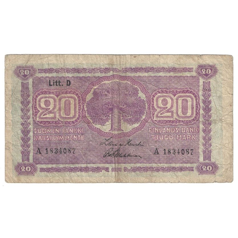 Geldschein, Finnland, 20 Markkaa, 1939, KM:71a, SGE+