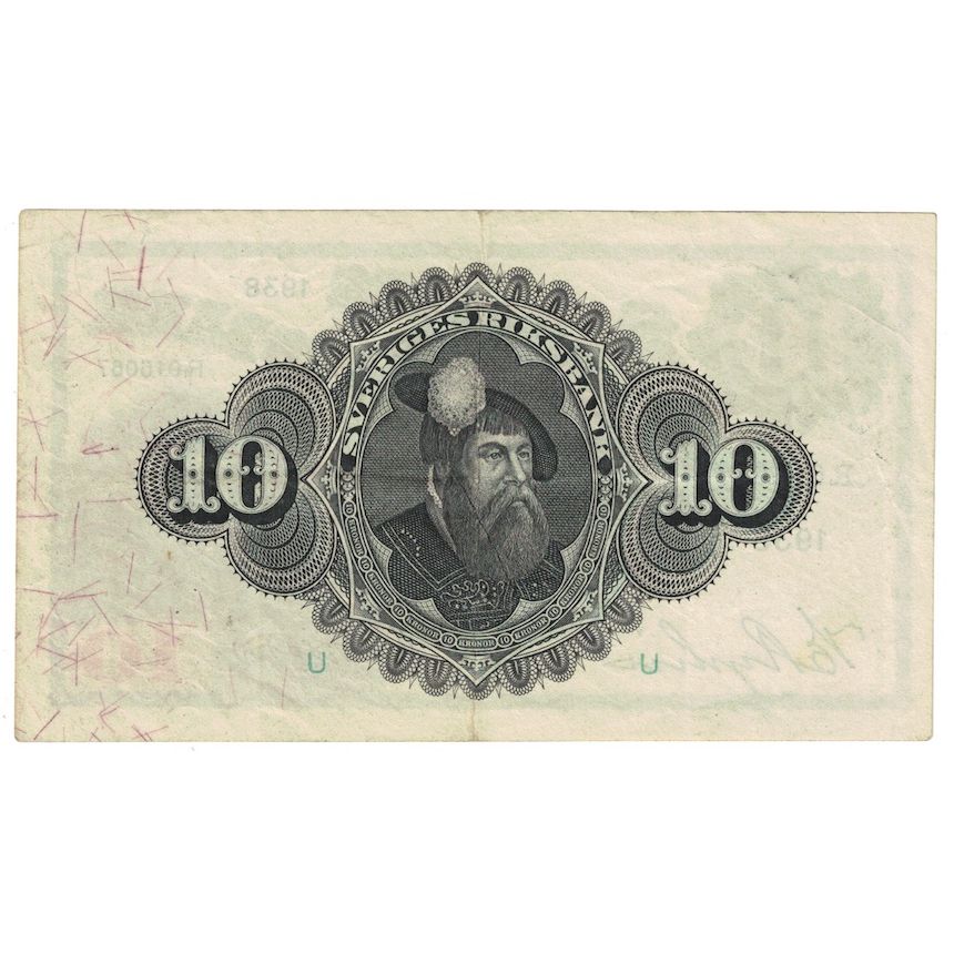 Biljet, Zweden, 10 Kronor, 1938, KM:34u, TTB