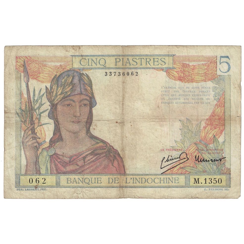 Billete, 5 Piastres, Undated (1932), INDOCHINA FRANCESA, KM:53a, BC