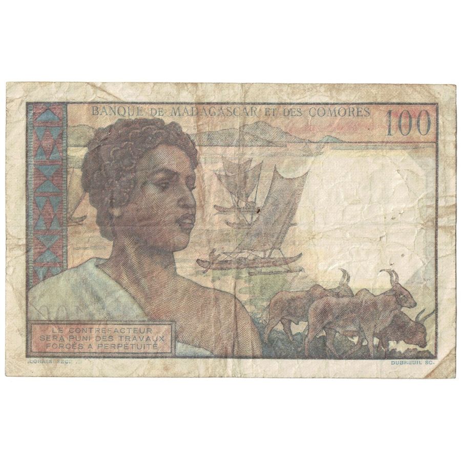 Billete, 100 Francs, 1950-1951, Madagascar, KM:46a, BC