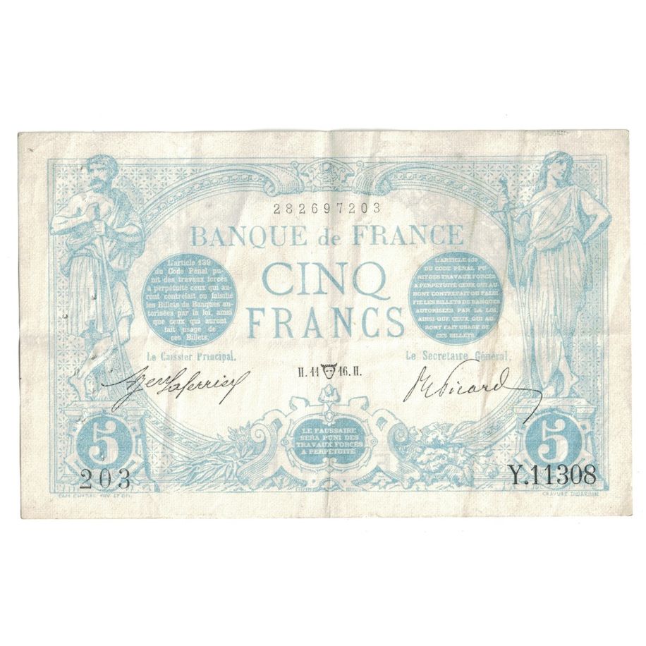 Francia, 5 Francs, Bleu, 1916, Y.113, MBC, Fayette:2.38, KM:70