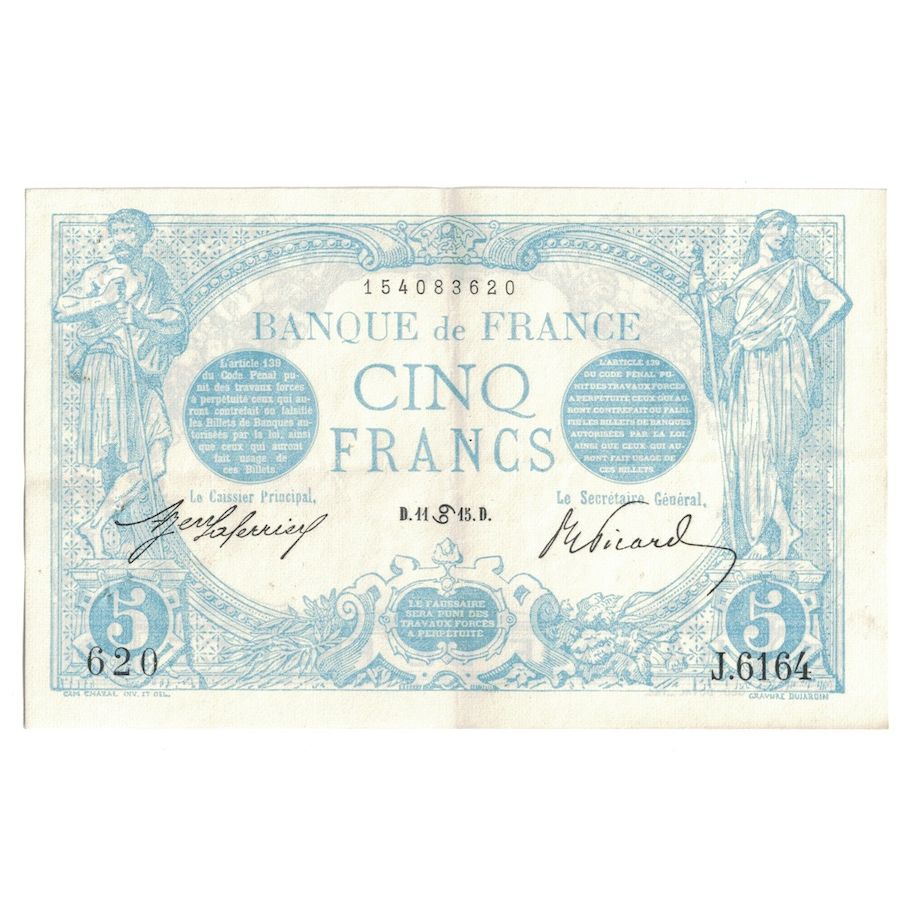 França, 5 Francs, Bleu, 1915, J.616, AU(55-58), Fayette:2.28, KM:70