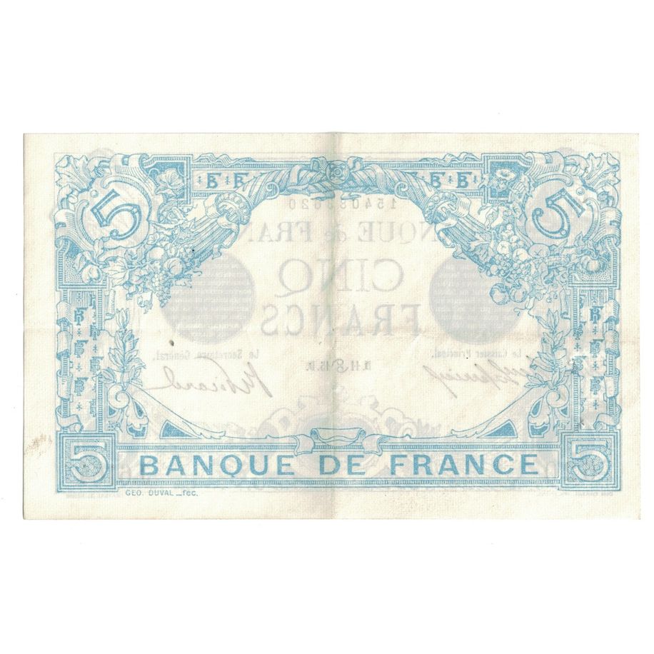 França, 5 Francs, Bleu, 1915, J.616, AU(55-58), Fayette:2.28, KM:70