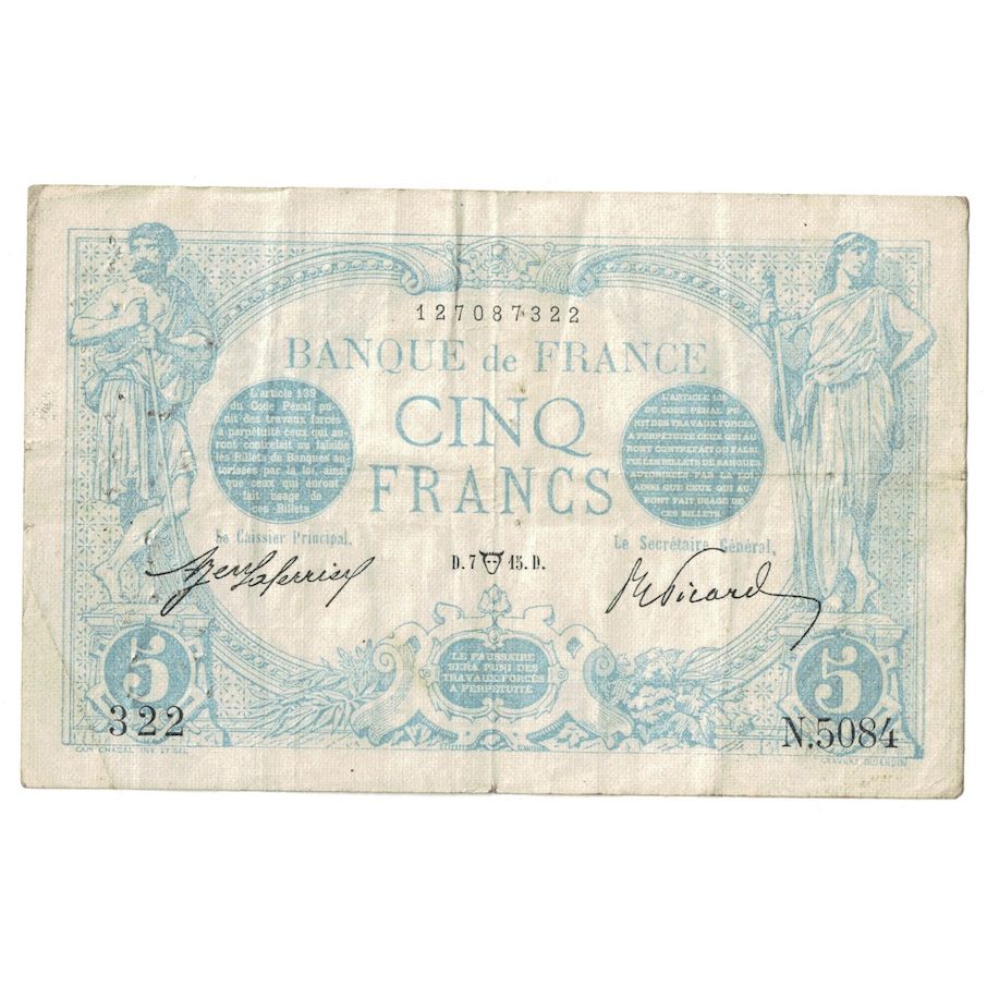 France, 5 Francs, Bleu, 1915, N.508, TB, Fayette:2.26, KM:70