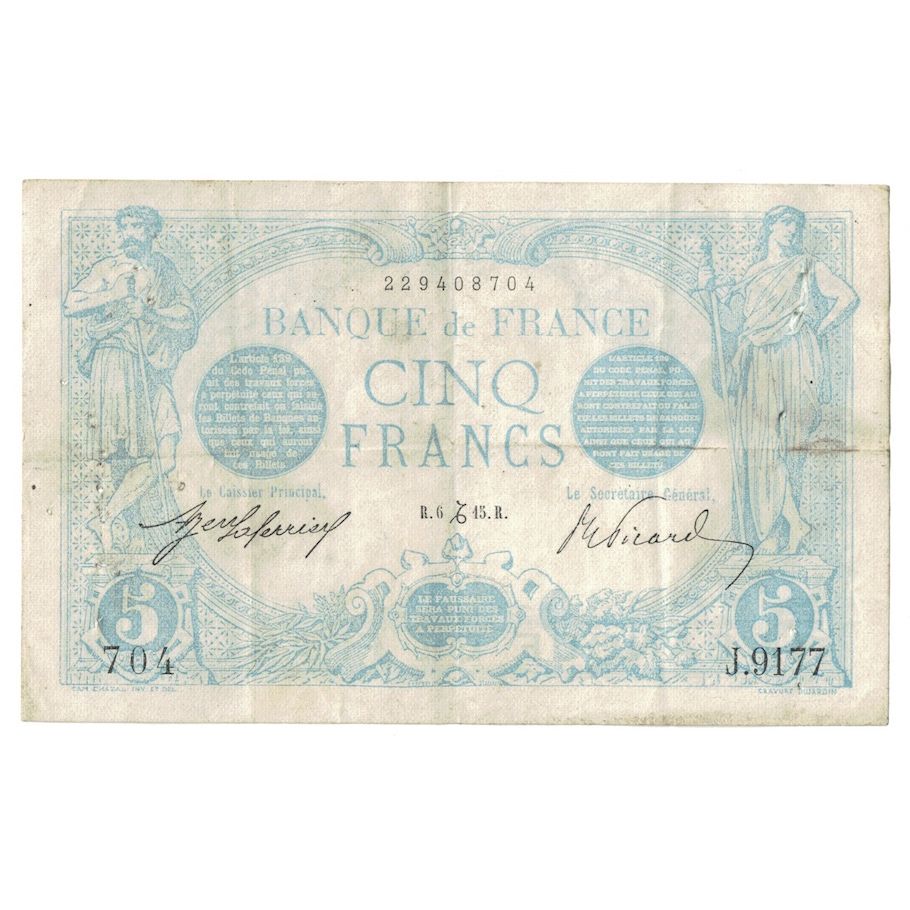 França, 5 Francs, Bleu, 1915, J.917, VF(30-35), Fayette:2.34, KM:70
