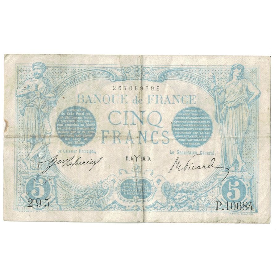 França, 5 Francs, Bleu, 1916, P.106, VF(30-35), Fayette:2.37, KM:70