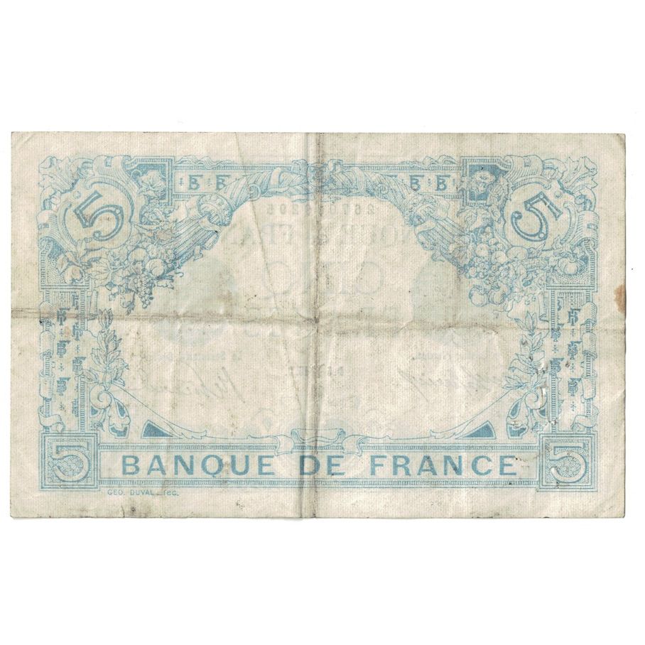 França, 5 Francs, Bleu, 1916, P.106, VF(30-35), Fayette:2.37, KM:70