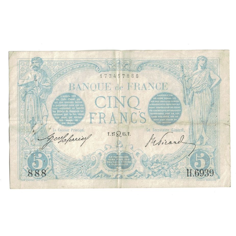 França, 5 Francs, Bleu, 1915, H.693, VF(30-35), Fayette:2.29, KM:70