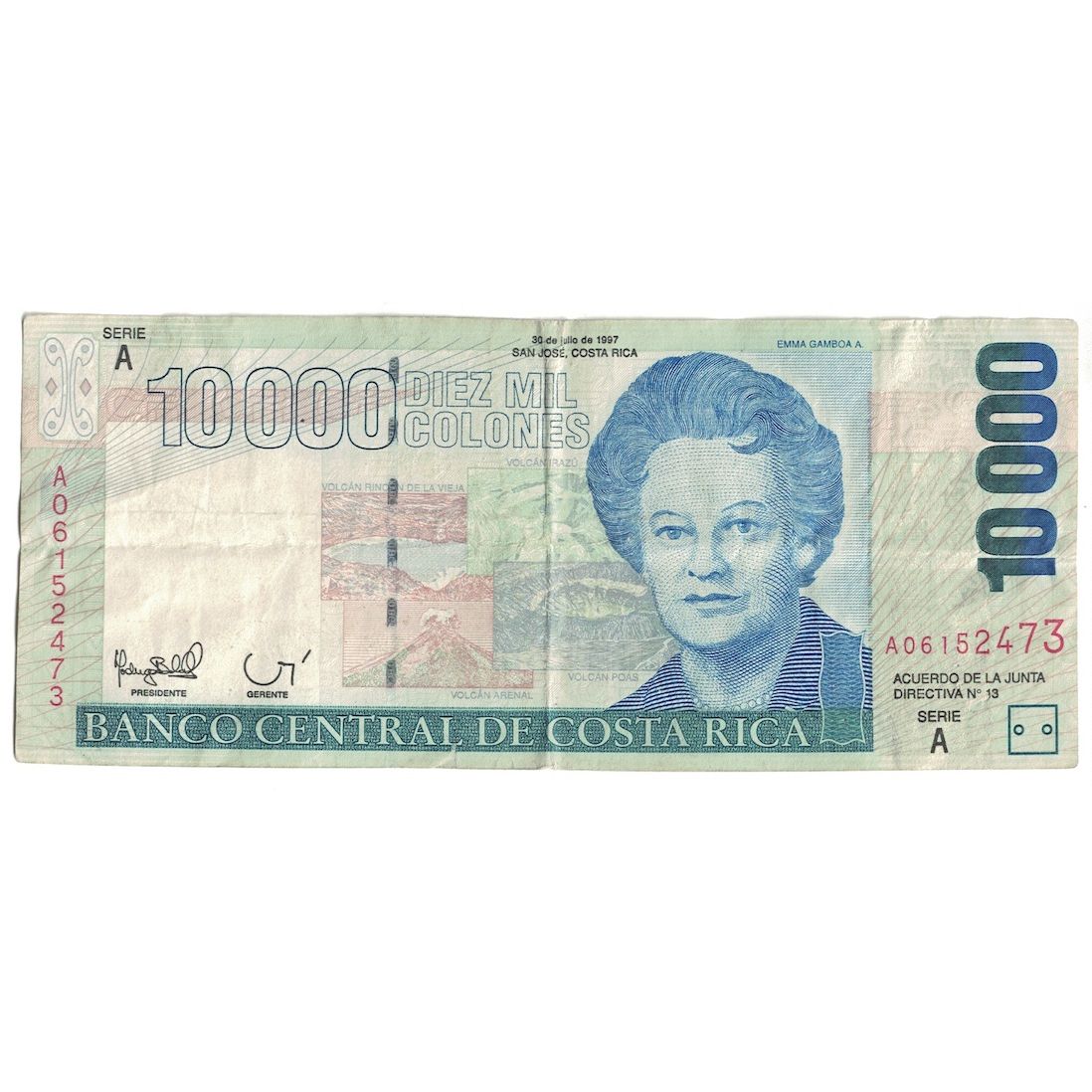 Billete, 10,000 Colones, 1997, Costa Rica, 1997-07-30, KM:273a, BC+
