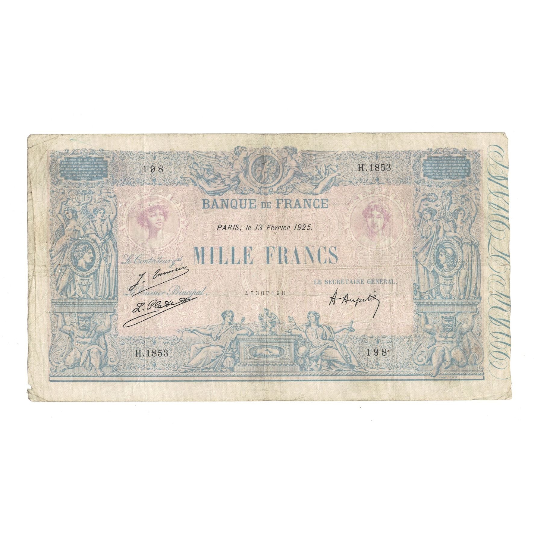 Francia, 1000 Francs, Bleu et Rose, 1925, R.185, BC, Fayette:36.41, KM:67j