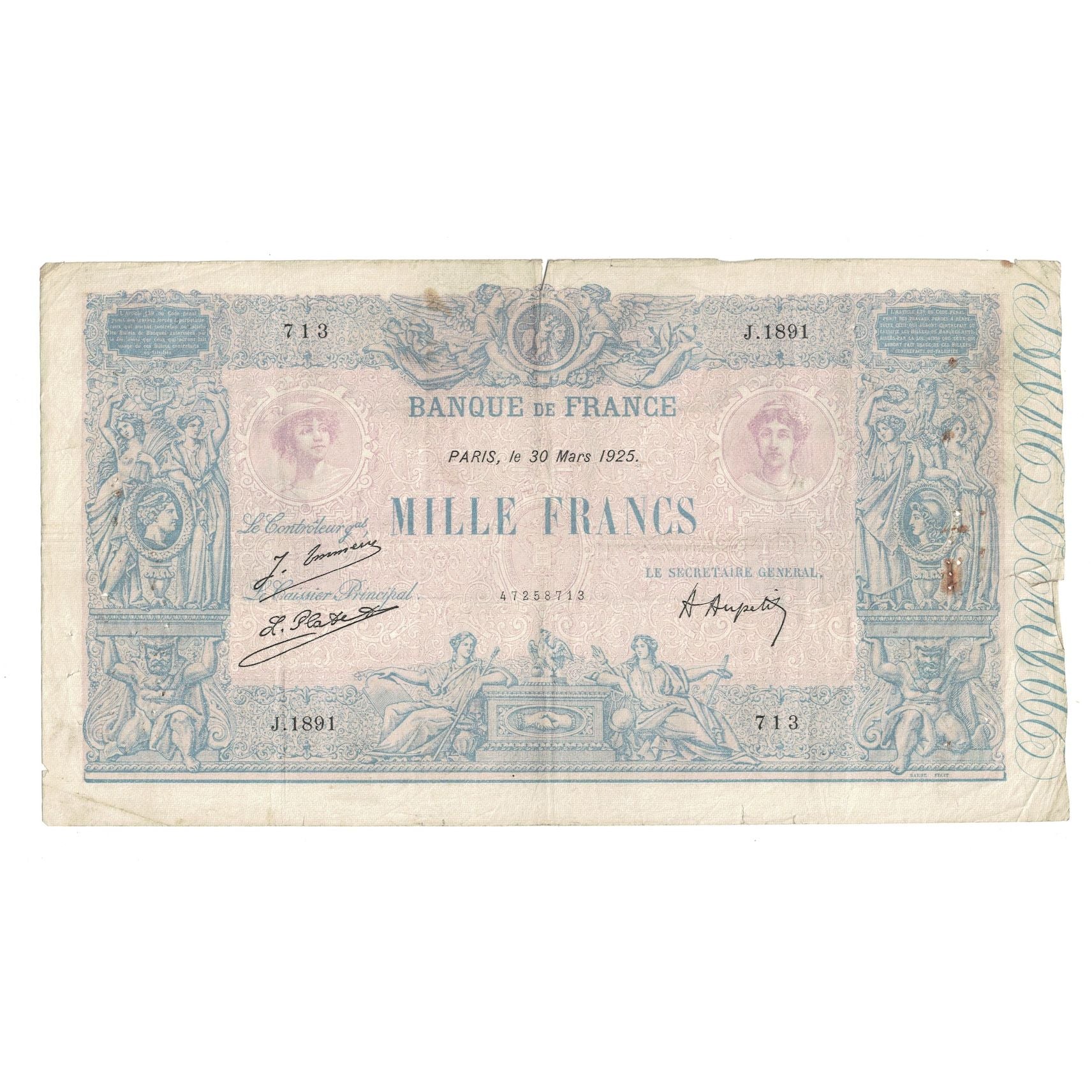Francia, 1000 Francs, Bleu et Rose, 1925, R.189, B+, Fayette:36.41, KM:67j