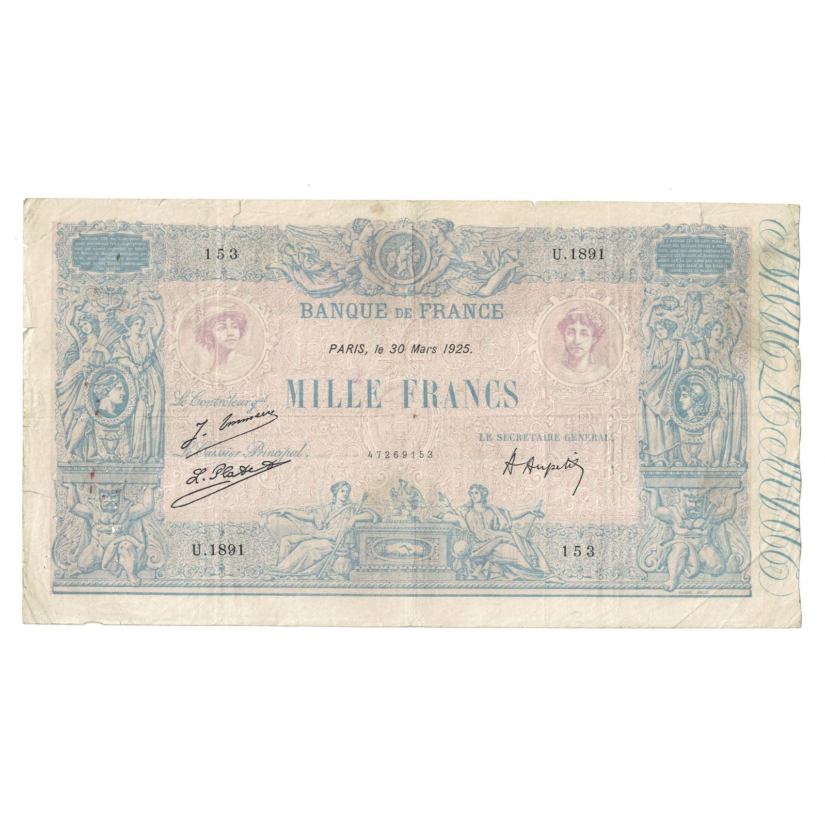 França, 1000 Francs, Bleu et Rose, 1925, U.189, F(12-15), Fayette:36.41, KM:67j
