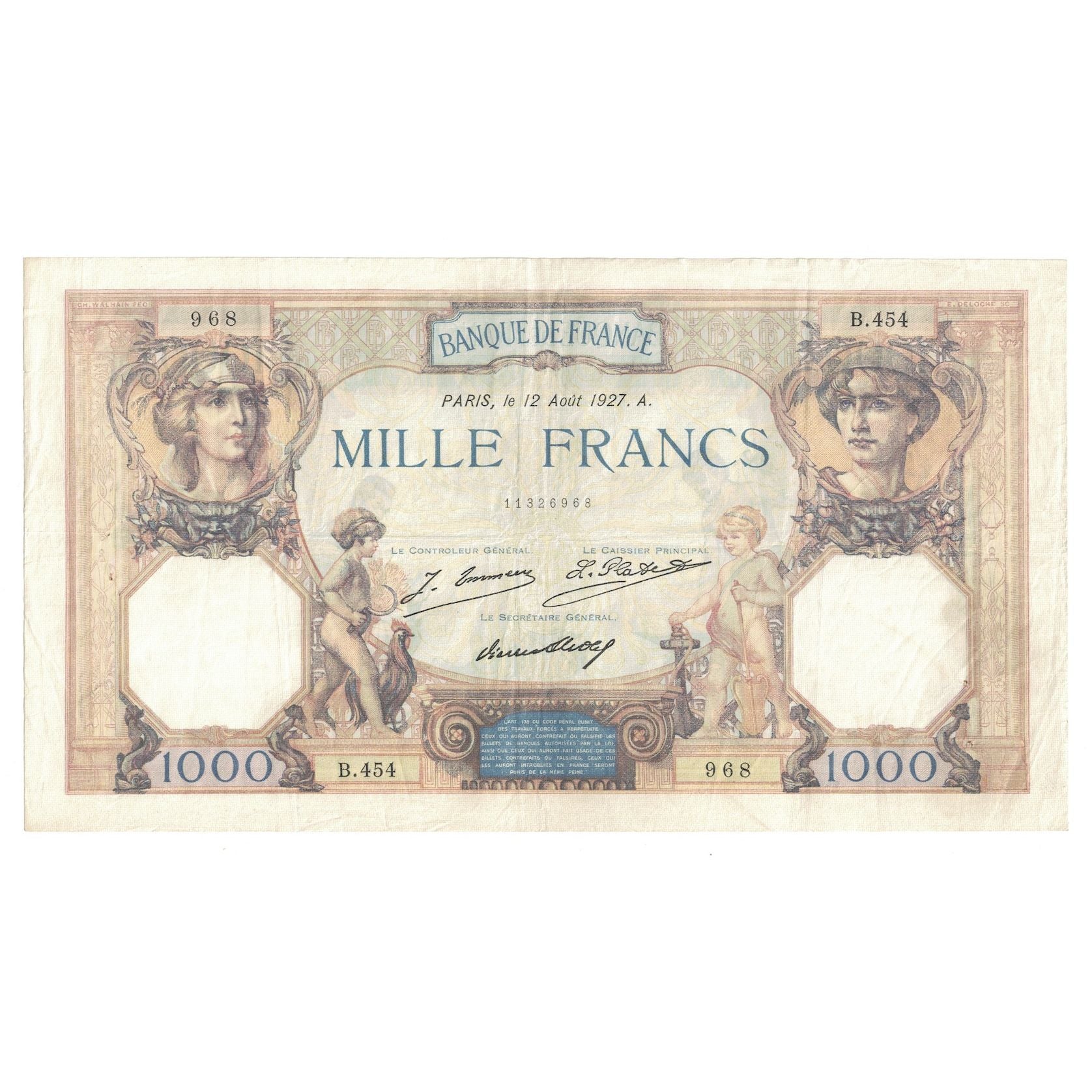 Frankreich, 1000 Francs, Cérès et Mercure, 1927, B.454, SS, Fayette:37.1