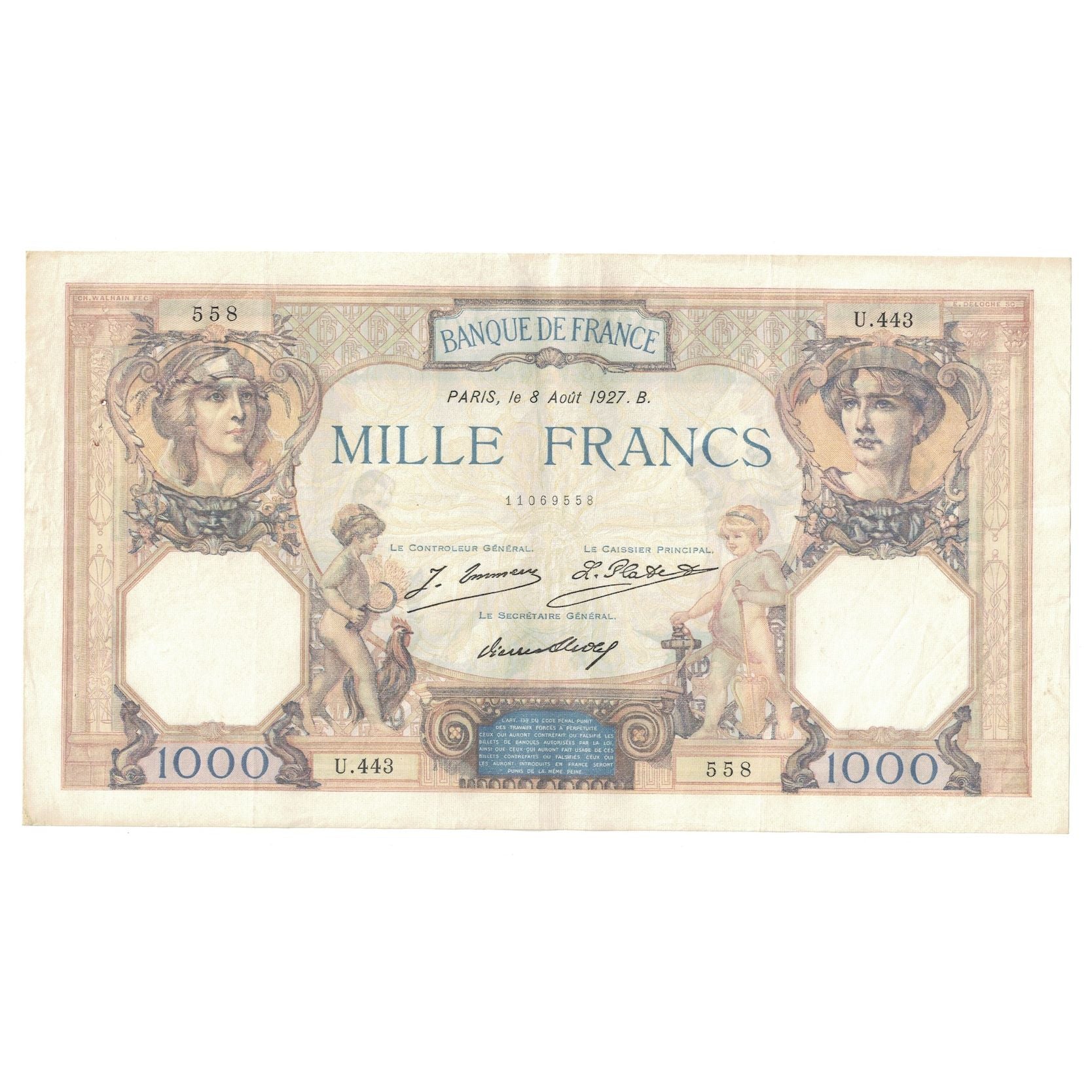 Francia, 1000 Francs, Cérès et Mercure, 1927, U.443, MBC, Fayette:37.1, KM:79a
