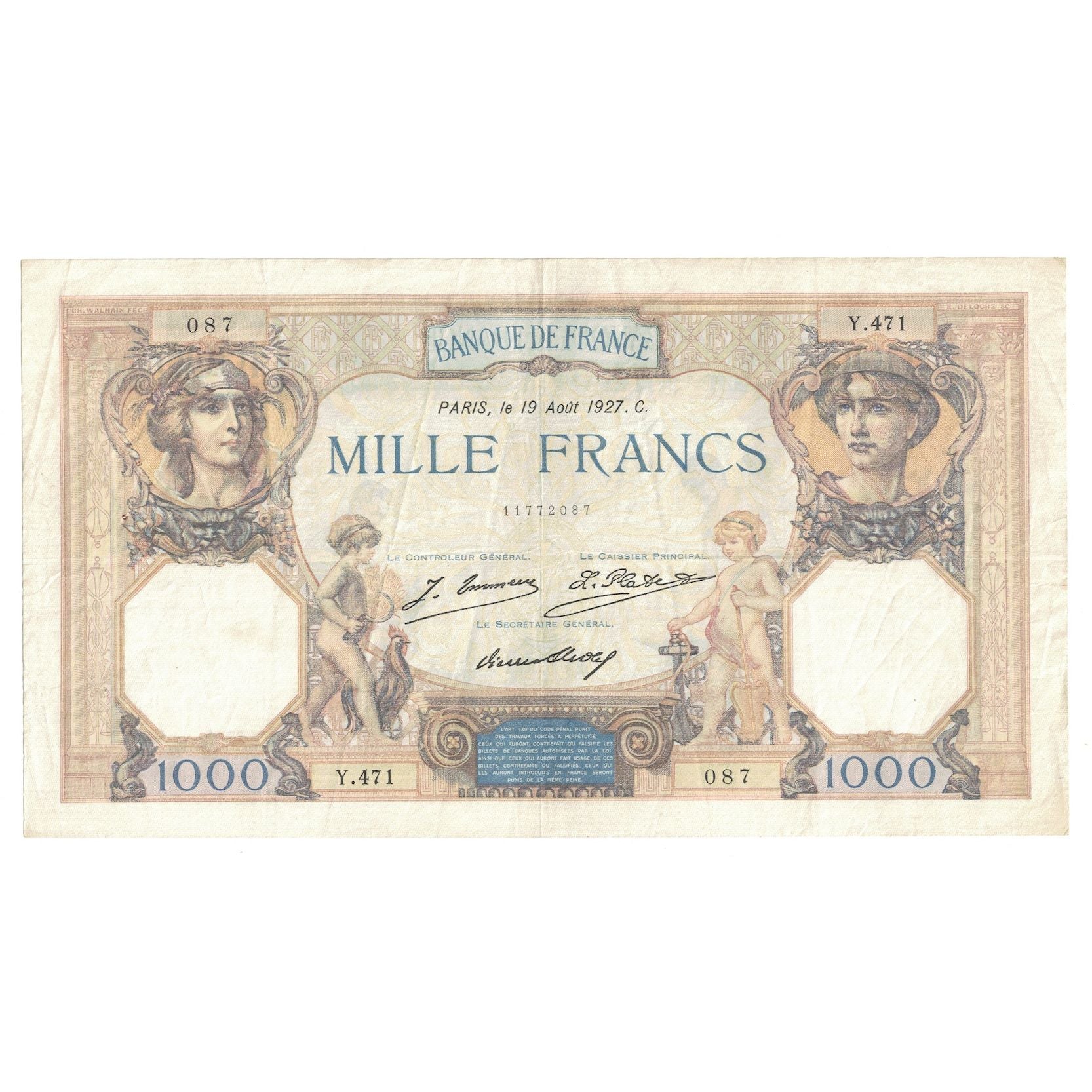 França, 1000 Francs, Cérès et Mercure, 1927, Y.471, EF(40-45), Fayette:37.1