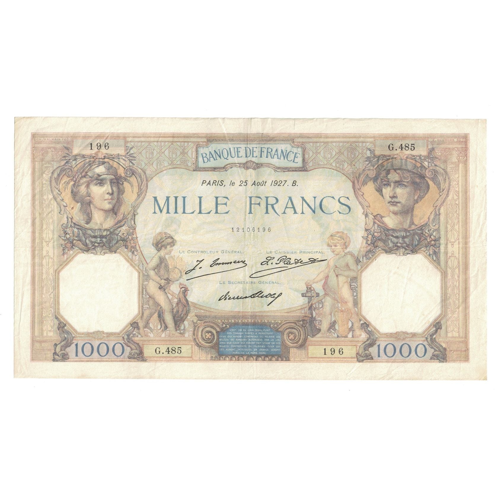 Frankreich, 1000 Francs, Cérès et Mercure, 1927, G.485, SS, Fayette:37.1