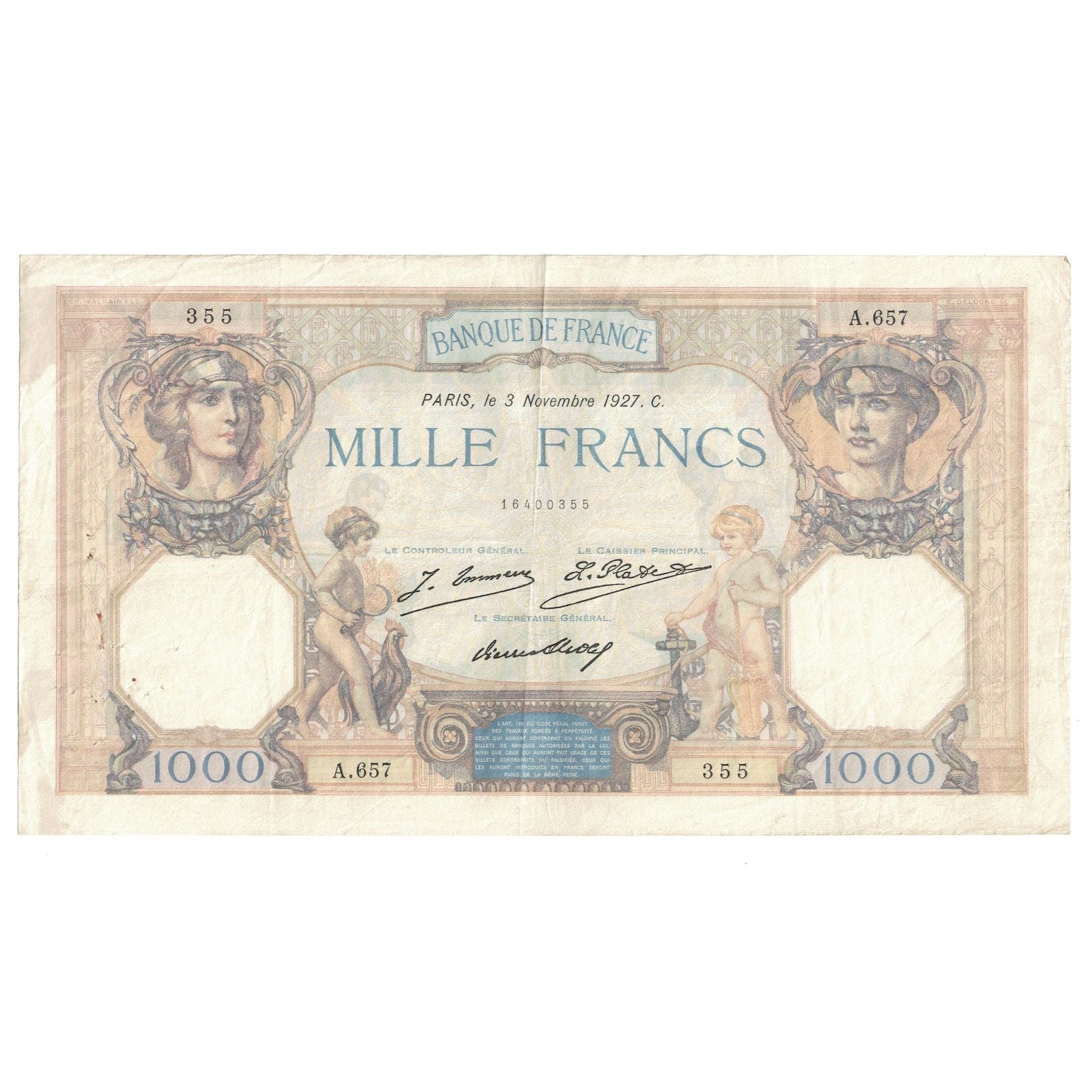 Francia, 1000 Francs, Cérès et Mercure, 1927, A.657, BC+, Fayette:37.1, KM:79a