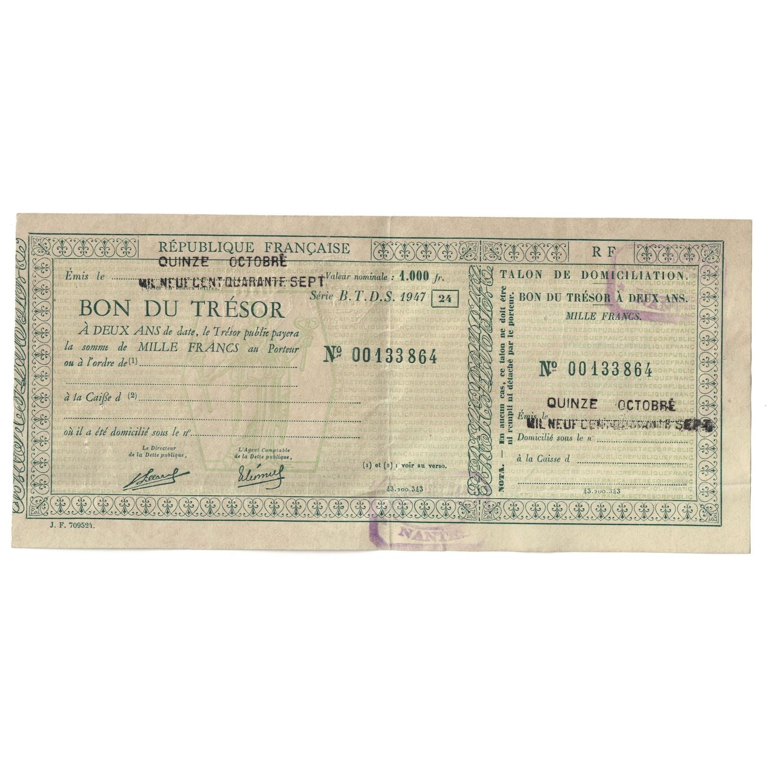 Francia, 1000 Francs, Nantes, 1947, Bon du Trésor, EBC
