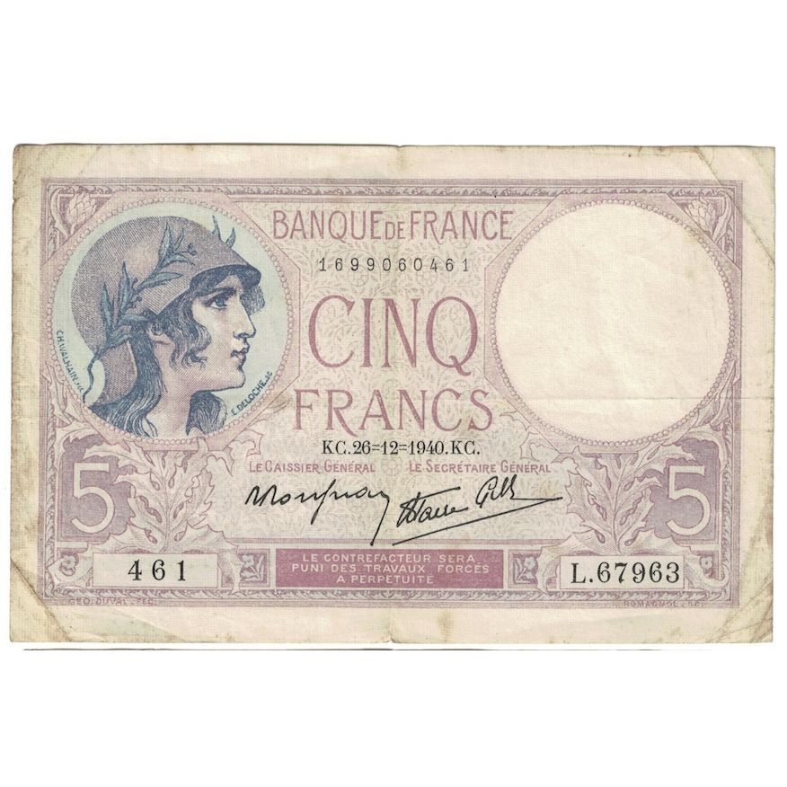 Francja, 5 Francs, Violet, 1940, L.679, VF(30-35), Fayette:4.18, KM:83