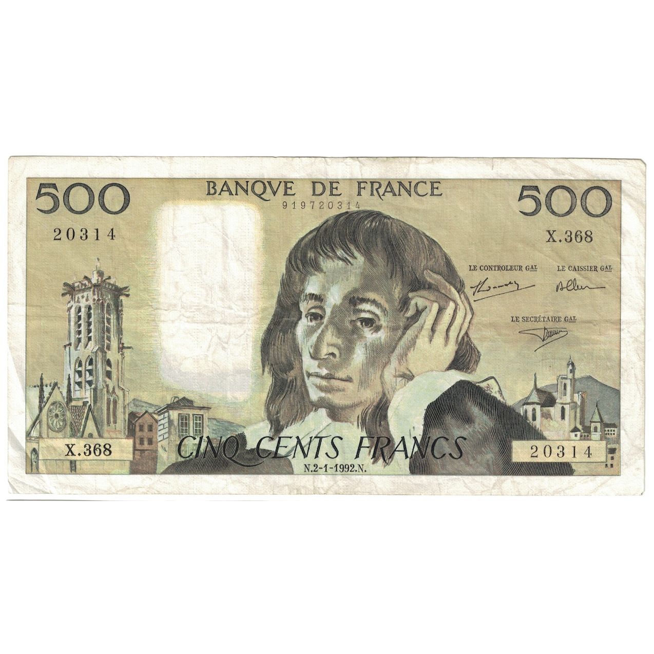 Francia, 500 Francs, Pascal, 1992, X.368, BB, Fayette:71.49, KM:156i