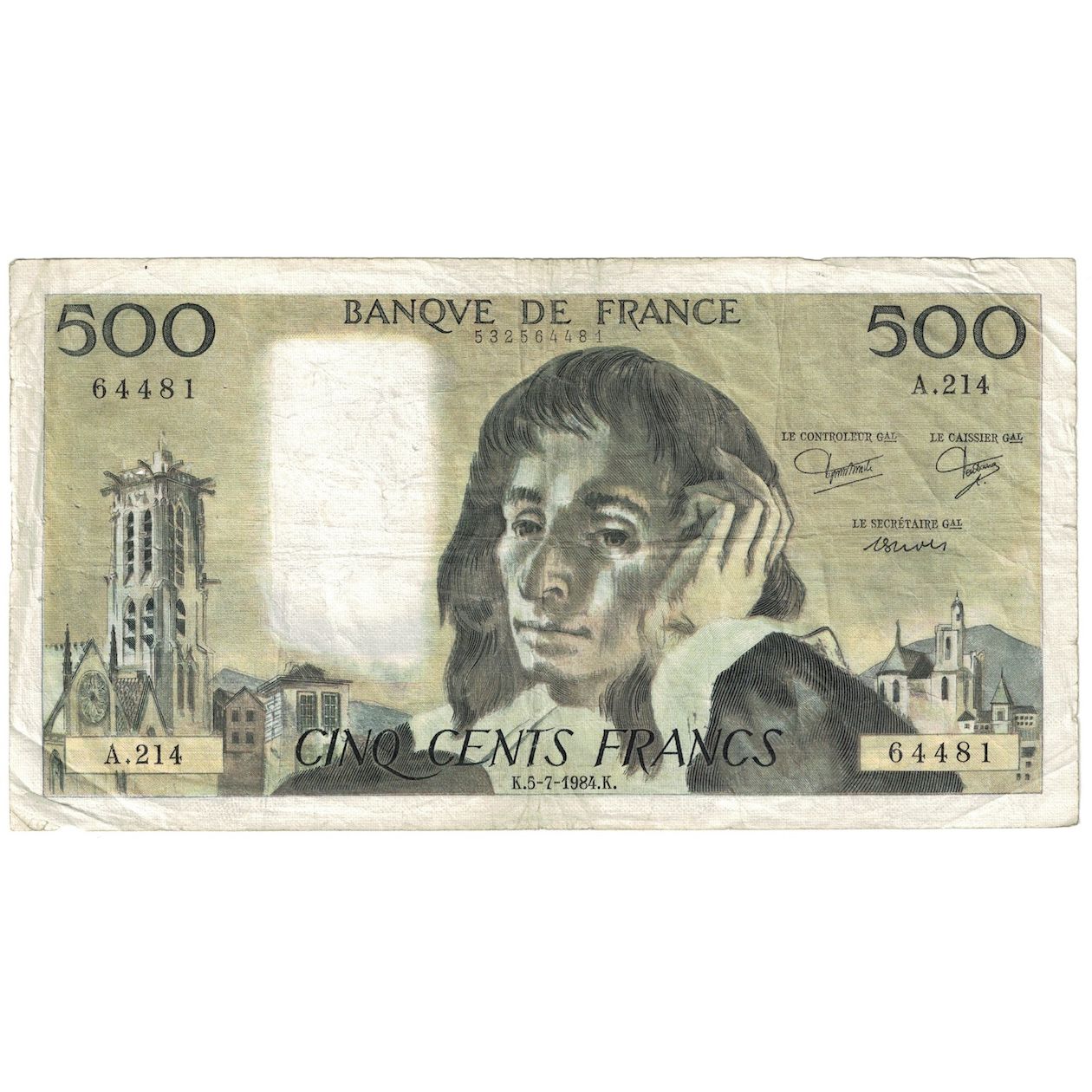 Frankreich, 500 Francs, Pascal, 1984, A.214, S+, Fayette:71.31, KM:156e