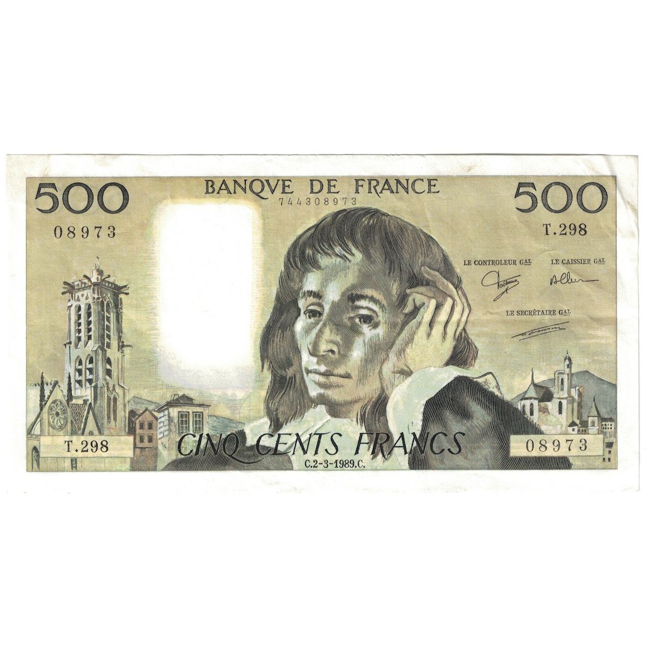 France, 500 Francs, Pascal, 1989, T.298, AU(50-53), Fayette:71.41, KM:156g