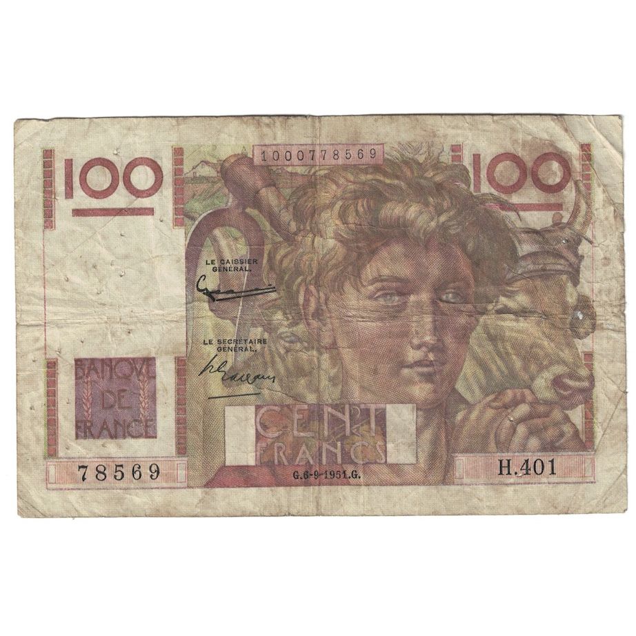 Francia, 100 Francs, Jeune Paysan, 1951, H.401, RC+, Fayette:28.29, KM:128d