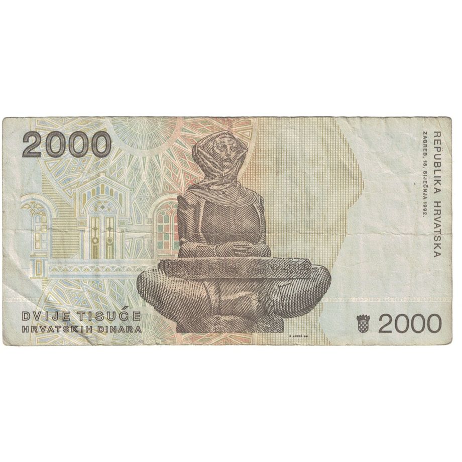 Banconote, Croazia, 2000 Dinara, 1992, 1992-01-15, KM:23a, MB+