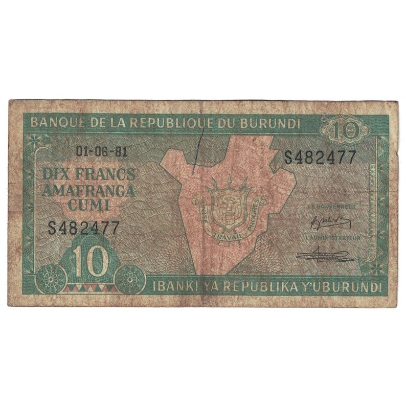 Banknote, Burundi, 10 Francs, 1981, 1981-06-01, KM:33a, VF(20-25)