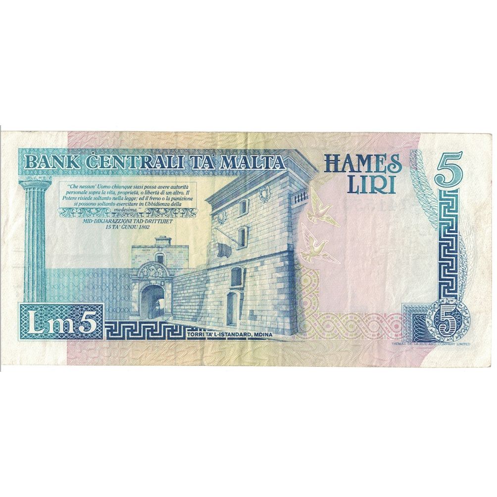 Billete, 5 Liri, 1994, Malta, KM:46a, MBC