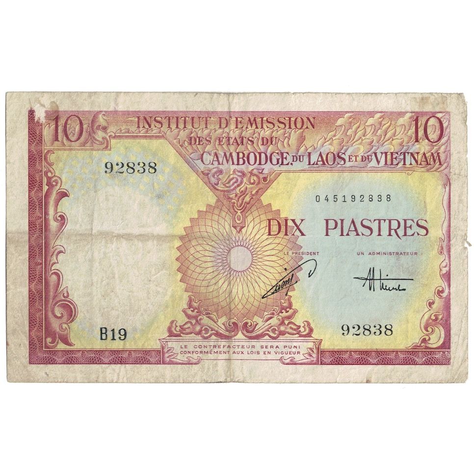 Nota, INDOCHINA FRANCESA, 10 Piastres = 10 Dong, Undated (1953), KM:107