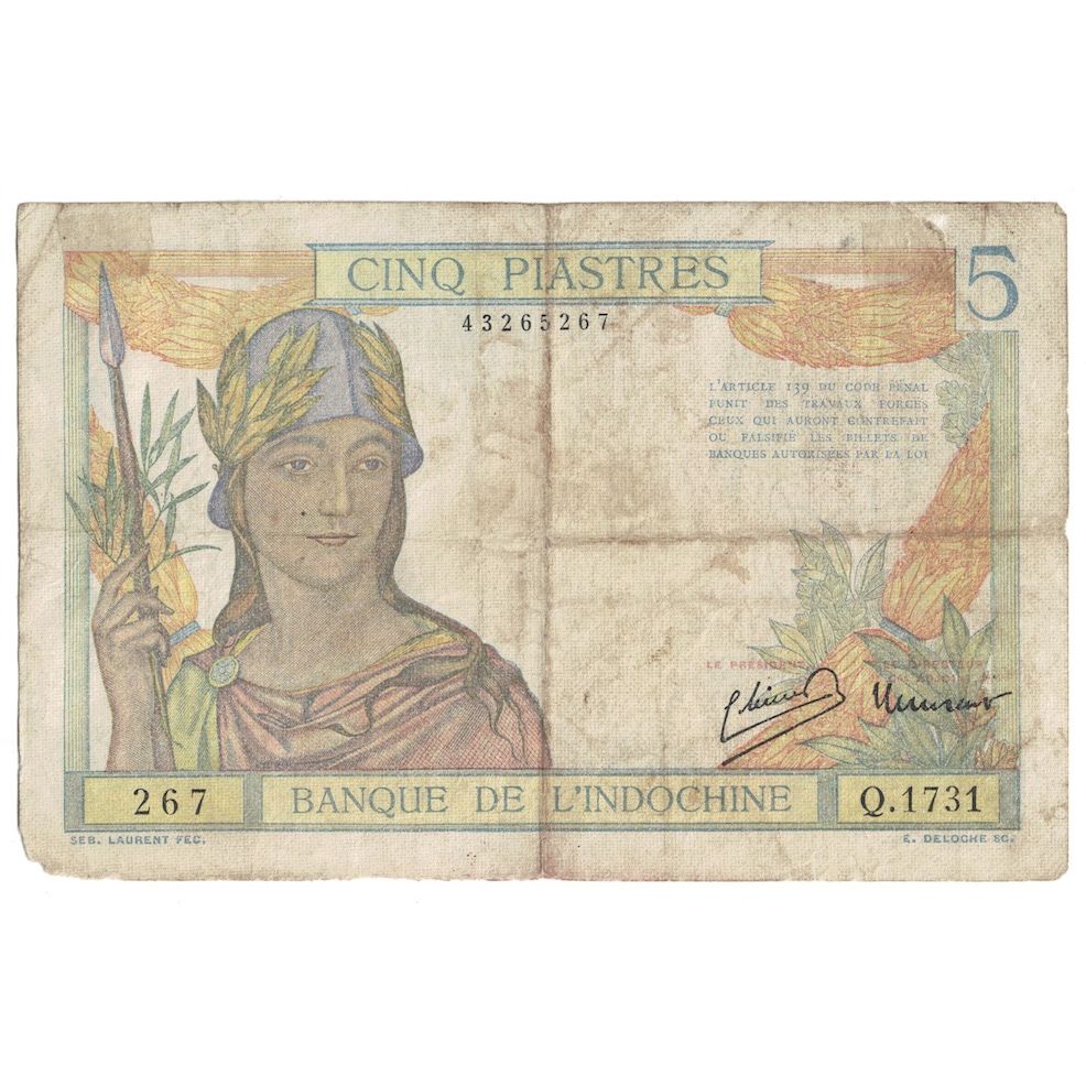 Banconote, INDOCINA FRANCESE, 5 Piastres, Undated (1932-1939), KM:55c, MB