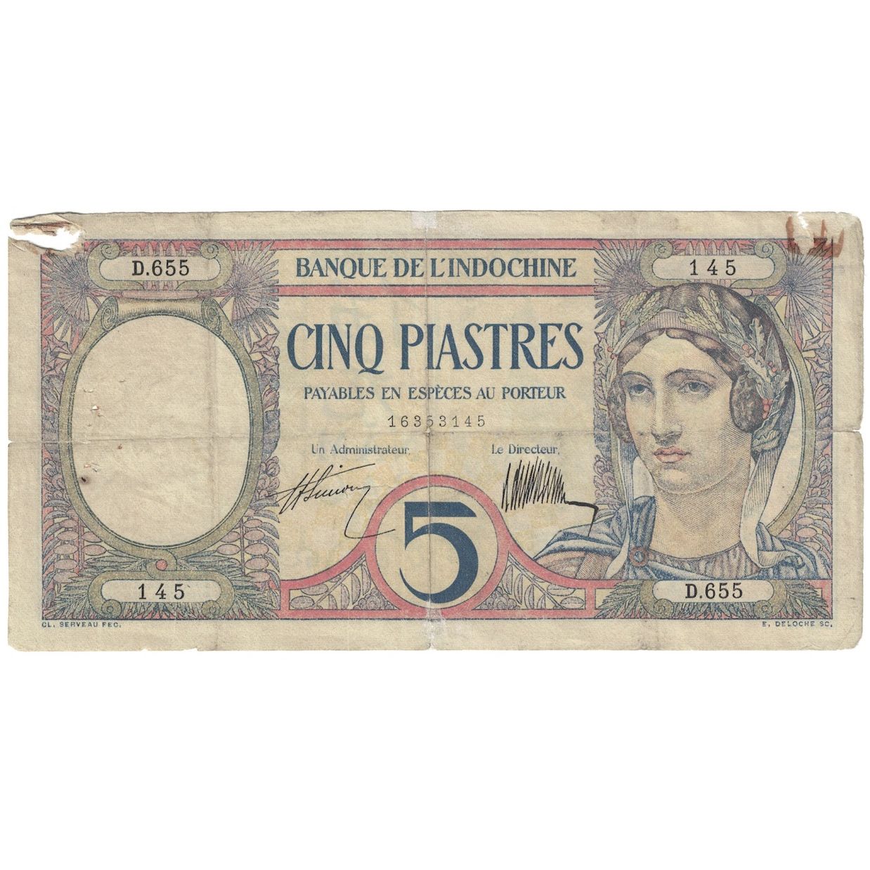 Banconote, INDOCINA FRANCESE, 5 Piastres, Undated (1927-31), KM:49b, MB