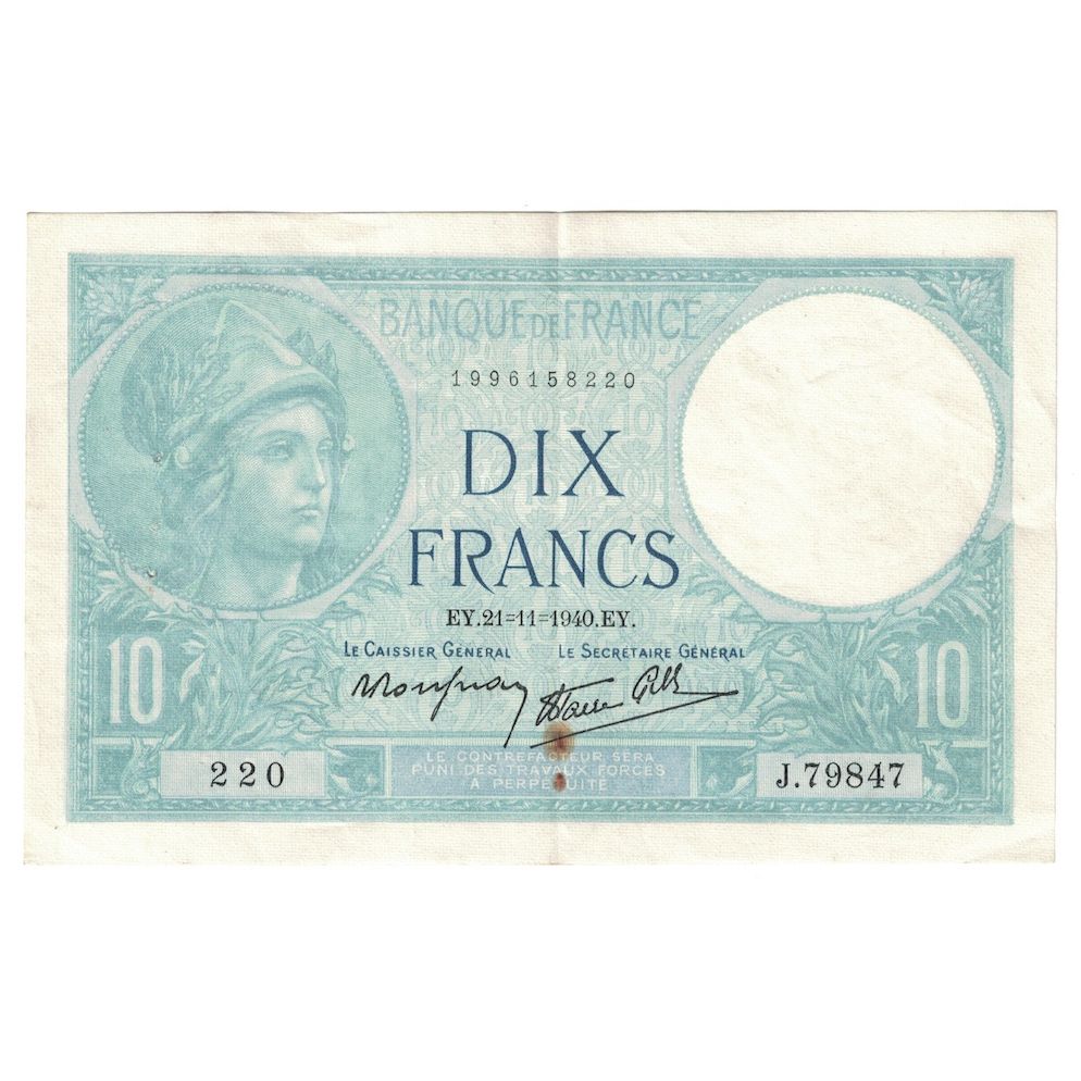 França, 10 Francs, Minerve, 1940, J.798, AU(55-58), Fayette:7.21, KM:84