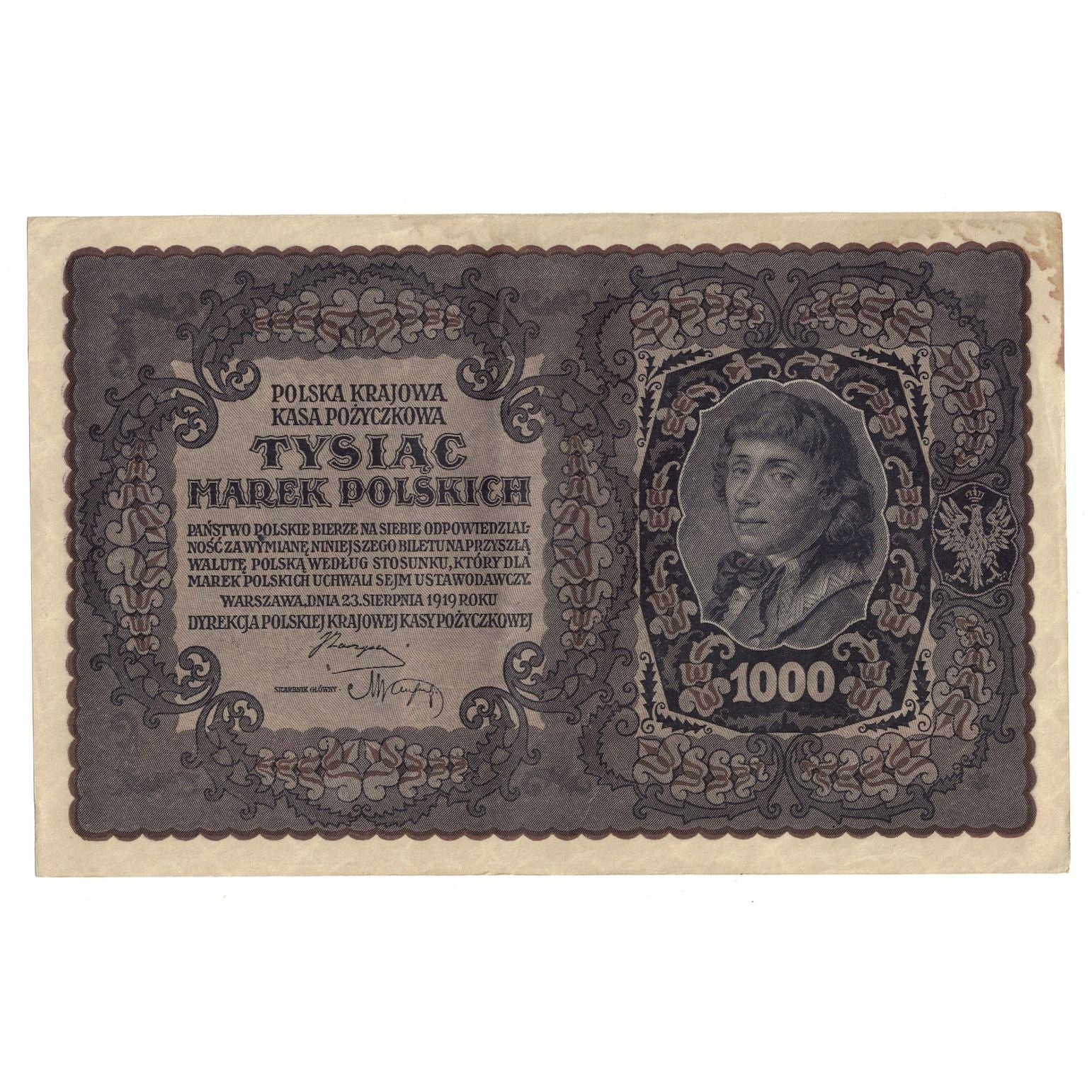 Banknote, Poland, 1000 Marek, 1919, 1919-08-23, KM:29, AU(50-53)