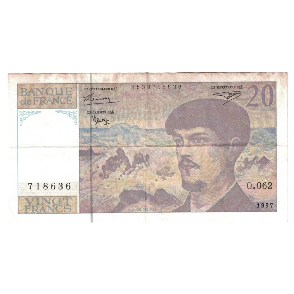 France, 20 Francs, Debussy, 1997, O.062, TTB, Fayette:66ter.02A62, KM:151i