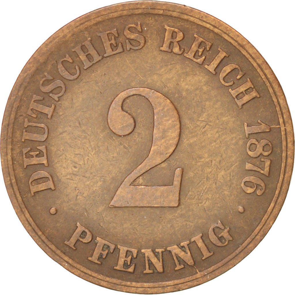 GERMANY - EMPIRE, Wilhelm I, 2 Pfennig, 1876, Berlin, EF(40-45), Copper, KM:2
